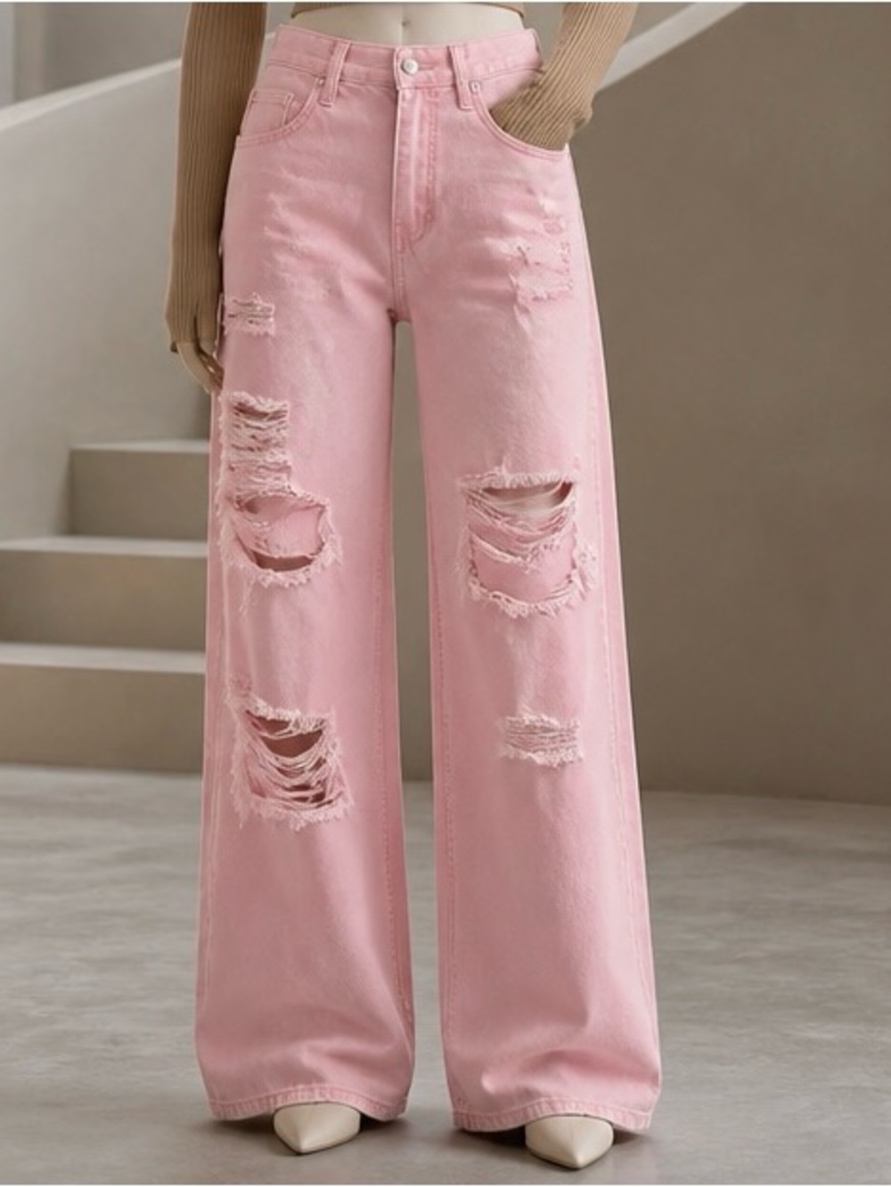 High-Rise Pink Distressed Wide-Leg Jeans